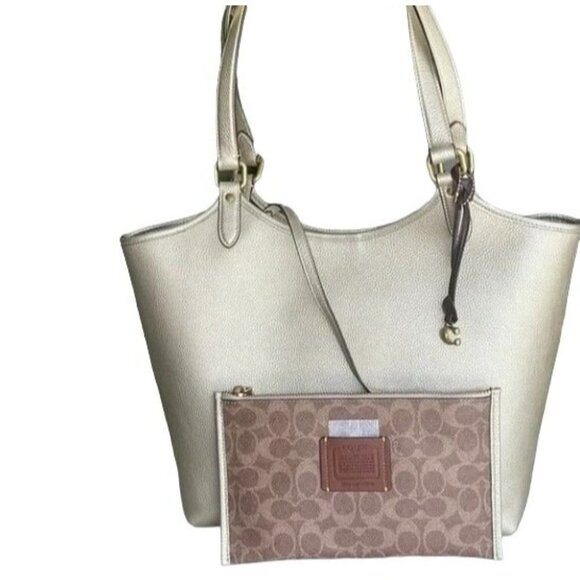 Coach Gold Metallic Leather Tote Bag Purse Wallet Logo Pouch - Picture 2 of 14
